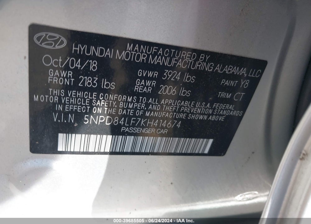 2019 HYUNDAI ELANTRA SEL VIN: 5NPD84LF7KH414674
