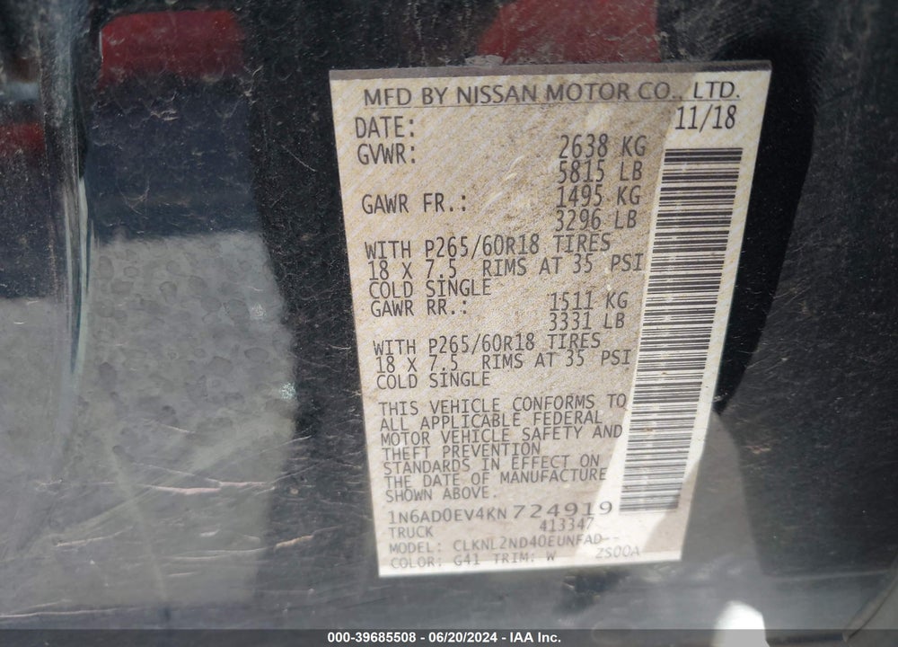 2019 NISSAN FRONTIER SV VIN: 1N6AD0EV4KN724919
