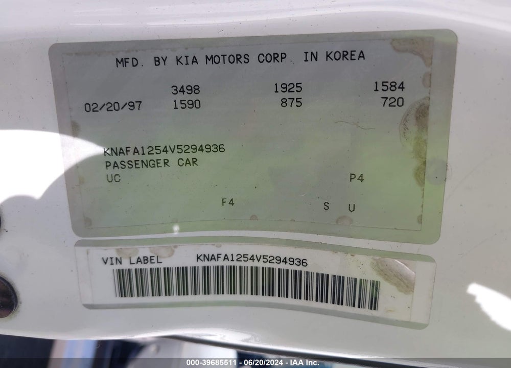 1997 KIA SEPHIA GS 1.8/GS 1.8L/LS 1.8/LS 1.8L/RS 1.8/RS 1.8L VIN: KNAFA1254V5294936