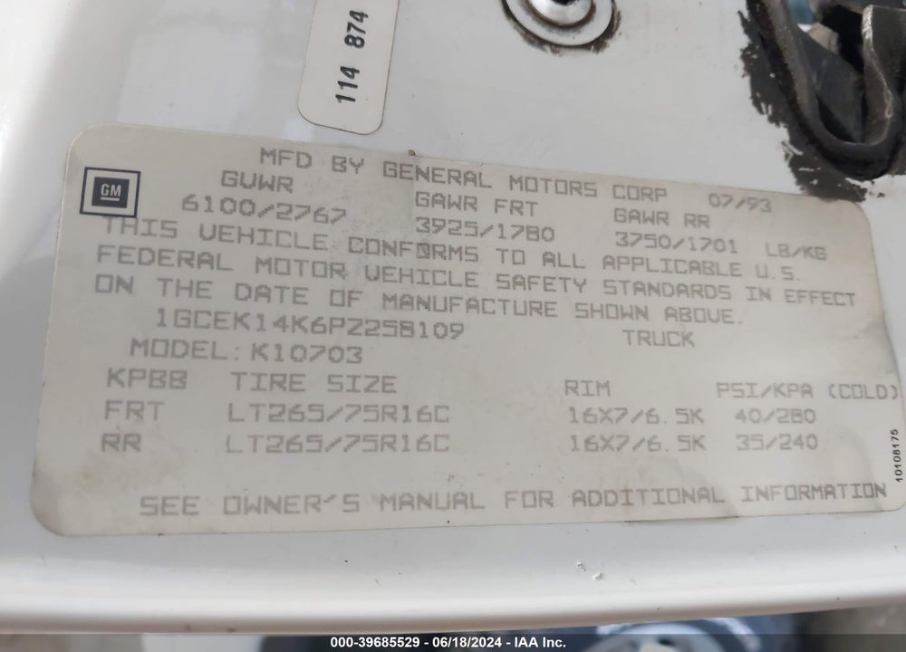 1993 CHEVROLET GMT-400 K1500 VIN: 1GCEK14K6PZ258109