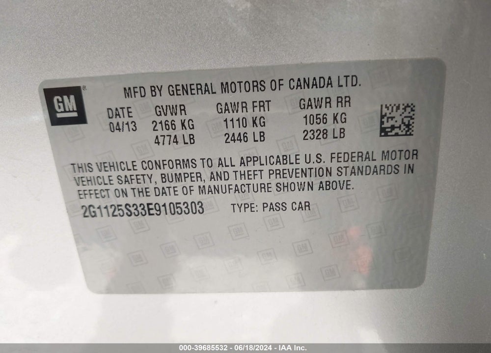 2014 CHEVROLET IMPALA 2LT VIN: 2G1125S33E9105303