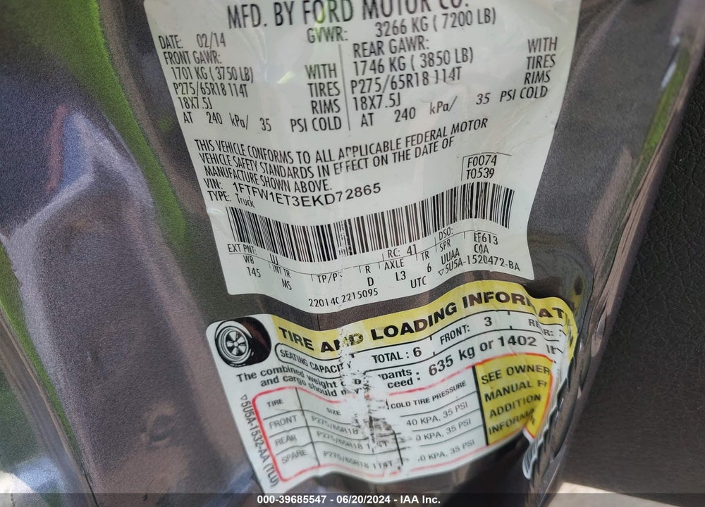 2014 FORD F-150 XLT VIN: 1FTFW1ET3EKD72865