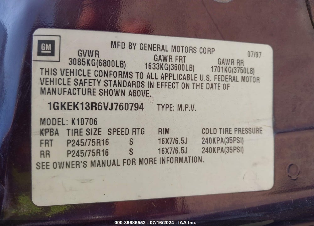 1997 GMC YUKON SLE VIN: 1GKEK13R6VJ760794