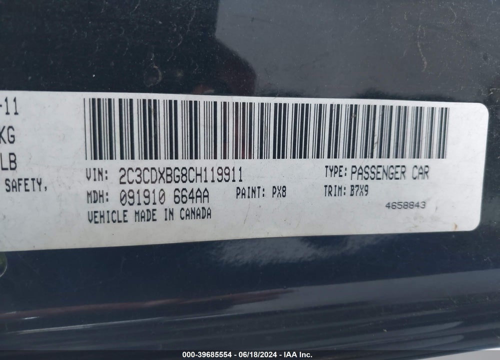 2012 DODGE CHARGER SE VIN: 2C3CDXBG8CH119911