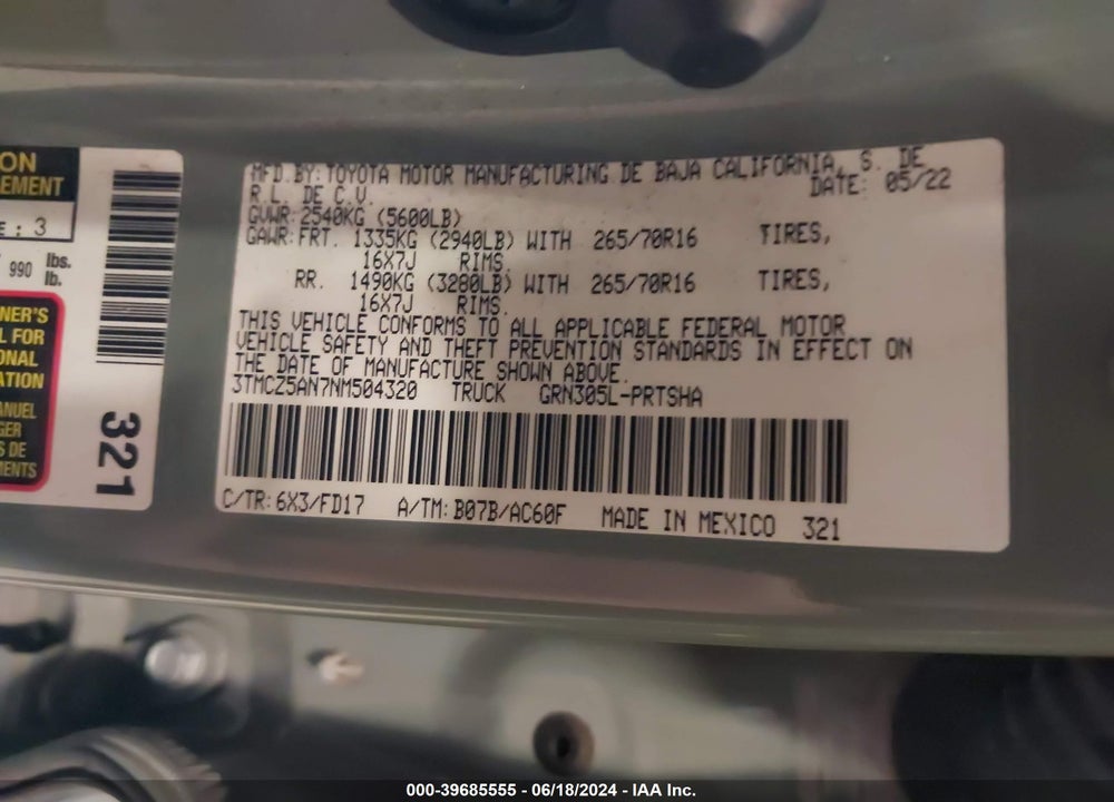 2022 TOYOTA TACOMA TRD OFF ROAD VIN: 3TMCZ5AN7NM504320