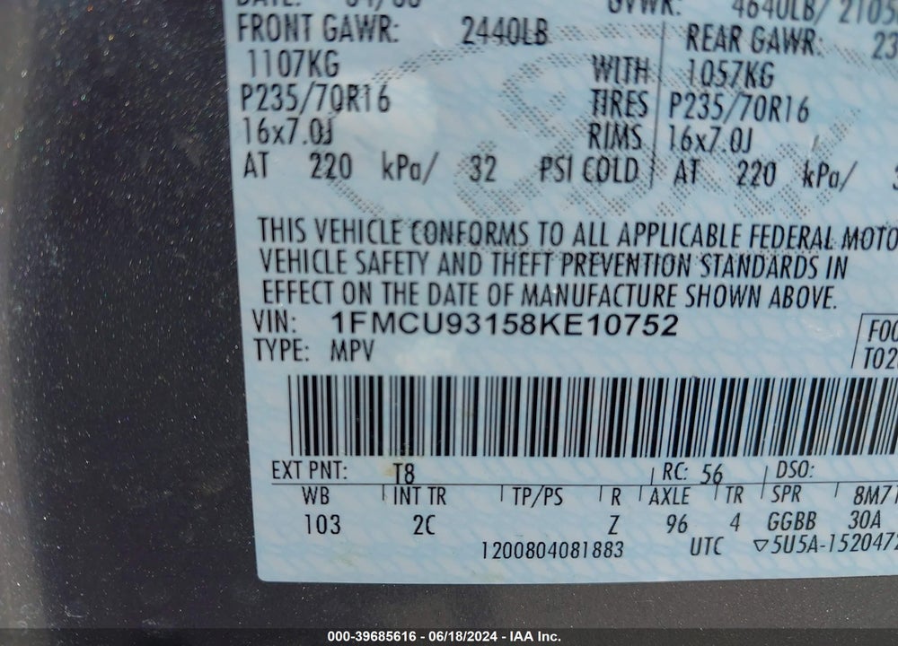 2008 FORD ESCAPE XLT VIN: 1FMCU93158KE10752