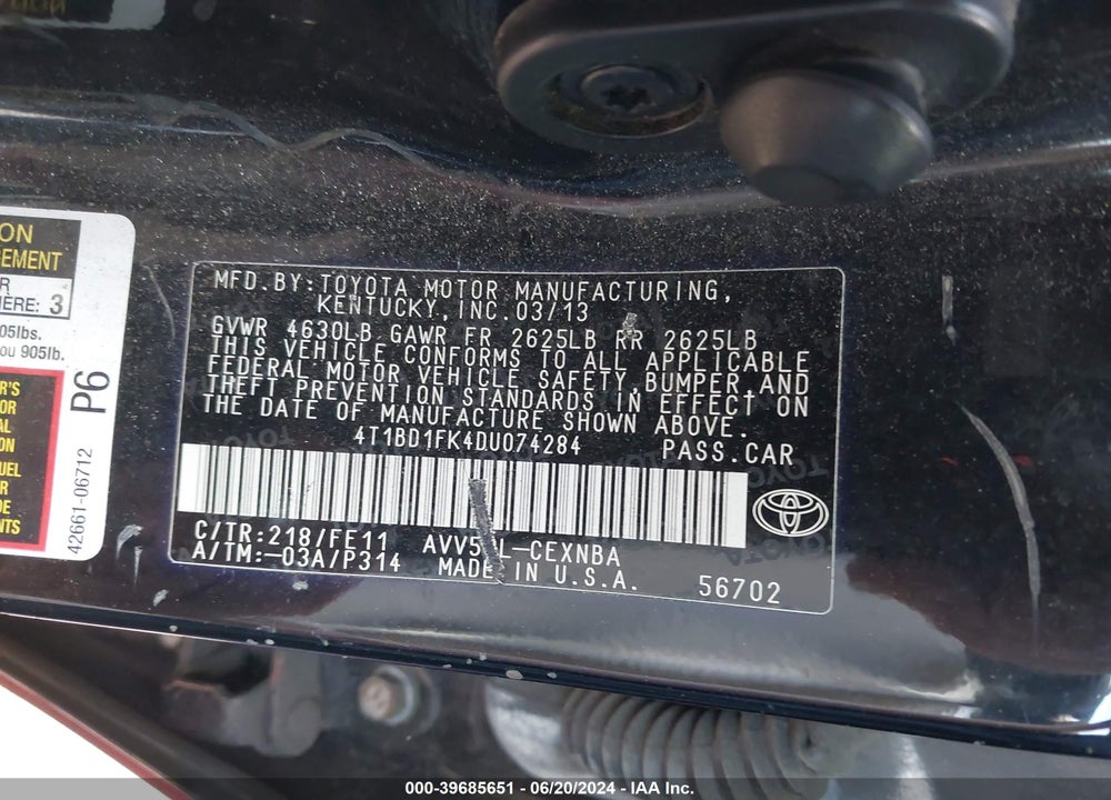 2013 TOYOTA CAMRY HYBRID LE VIN: 4T1BD1FK4DU074284