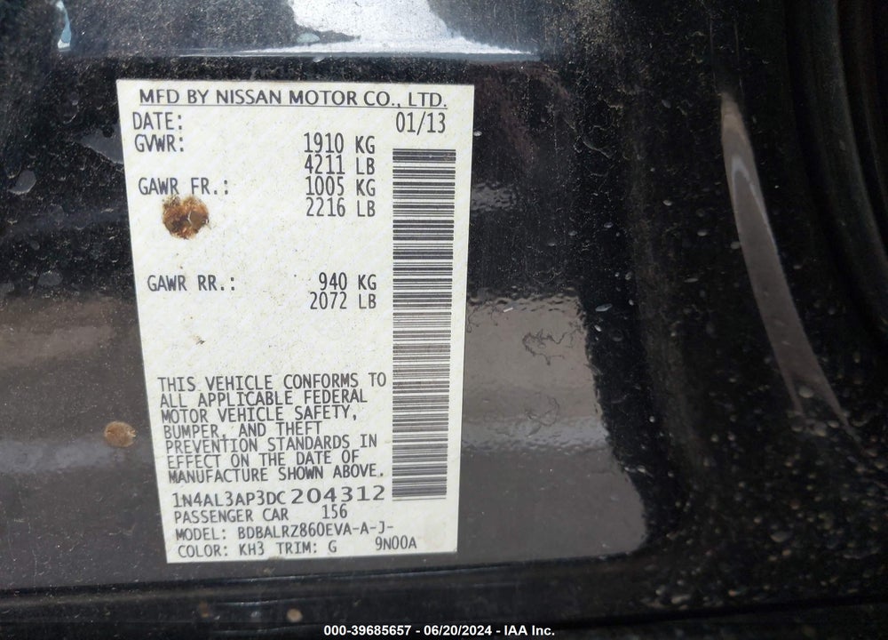 2013 NISSAN ALTIMA 2.5 S VIN: 1N4AL3AP3DC204312