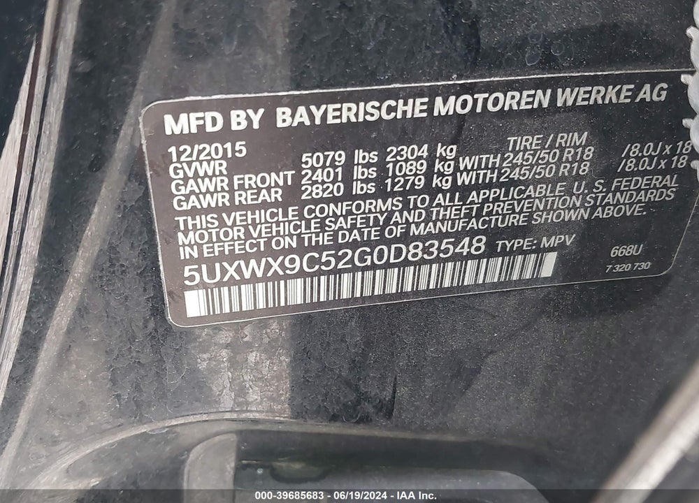 2016 BMW X3 XDRIVE28I VIN: 5UXWX9C52G0D83548