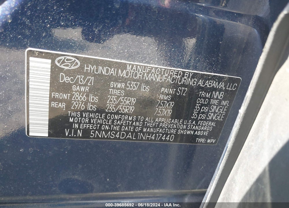 2022 HYUNDAI SANTA FE LIMITED VIN: 5NMS4DAL1NH417440