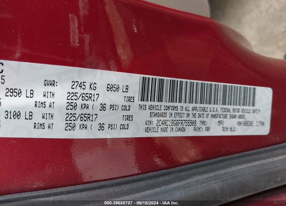2015 CHRYSLER TOWN & COUNTRY TOURING VIN: 2C4RC1BG6FR755909