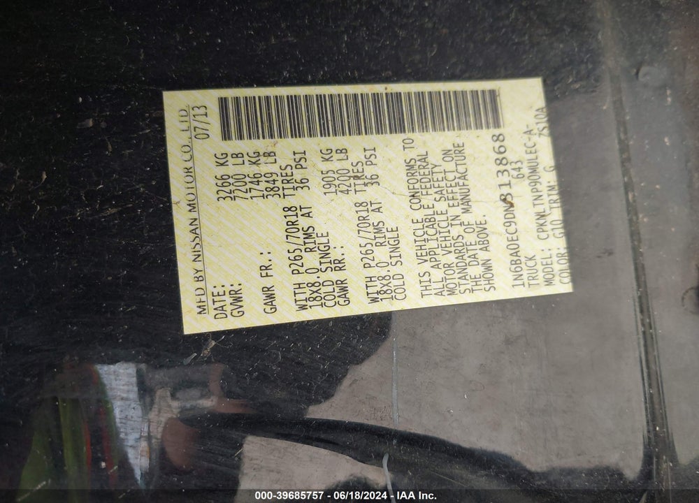 2013 NISSAN TITAN SV VIN: 1N6BA0EC9DN313868