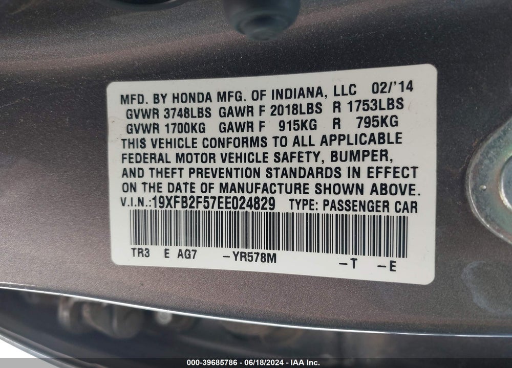 2014 HONDA CIVIC LX VIN: 19XFB2F57EE024829