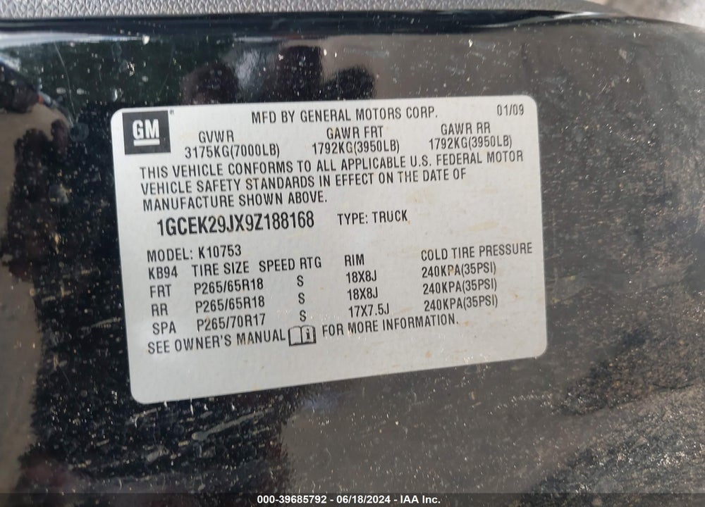 2009 CHEVROLET SILVERADO 1500 LT VIN: 1GCEK29JX9Z188168