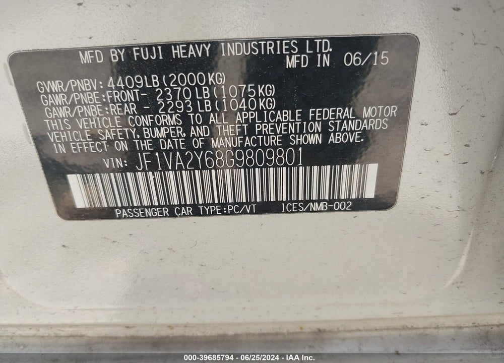 2016 SUBARU WRX STI LIMITED VIN: JF1VA2Y68G9809801