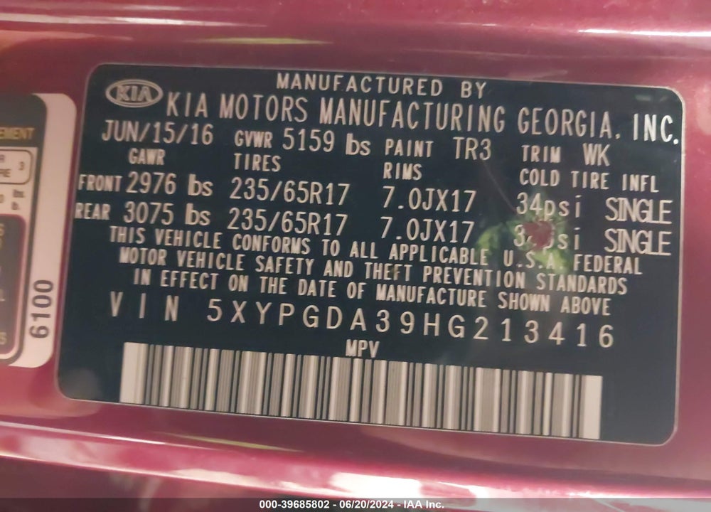 2017 KIA SORENTO 2.4L LX VIN: 5XYPGDA39HG213416