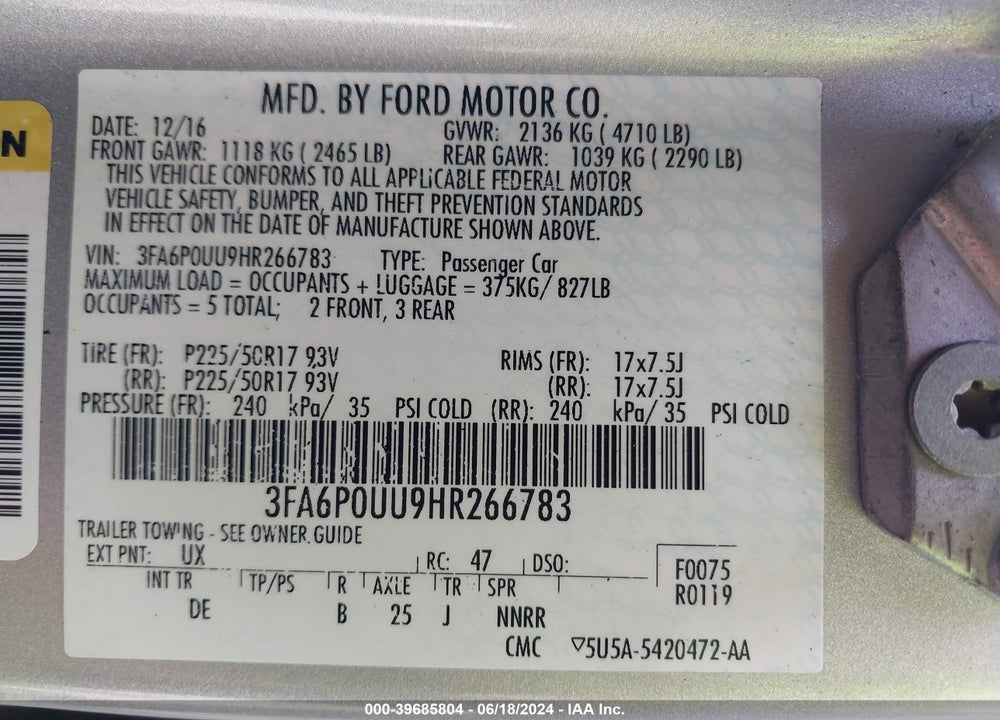2017 FORD FUSION HYBRID S VIN: 3FA6P0UU9HR266783
