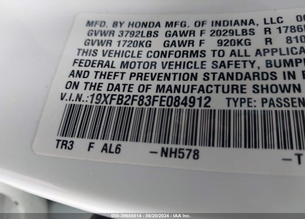 2015 HONDA CIVIC EX VIN: 19XFB2F83FE084912