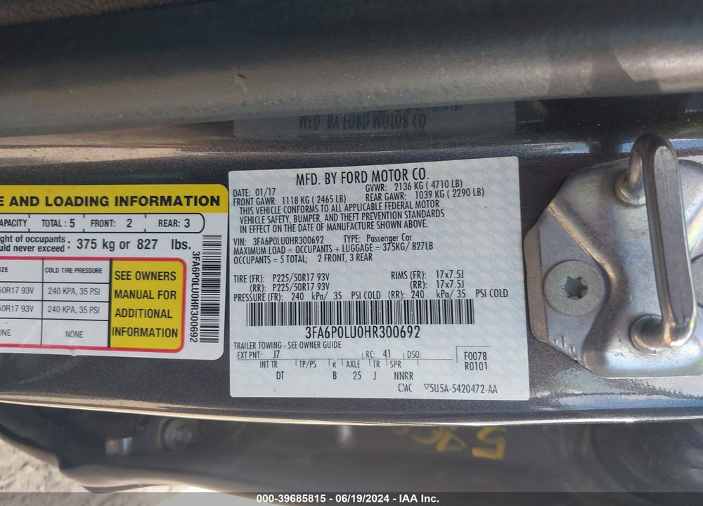 2017 FORD FUSION HYBRID SE VIN: 3FA6P0LU0HR300692