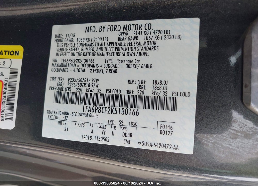 2019 FORD MUSTANG GT VIN: 1FA6P8CF2K5130166