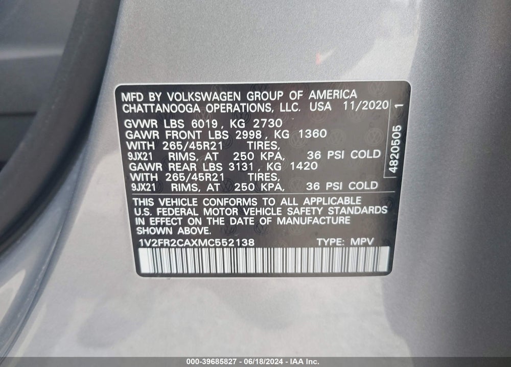 2021 VOLKSWAGEN ATLAS 3.6L V6 SEL PREMIUM R-LINE VIN: 1V2FR2CAXMC552138