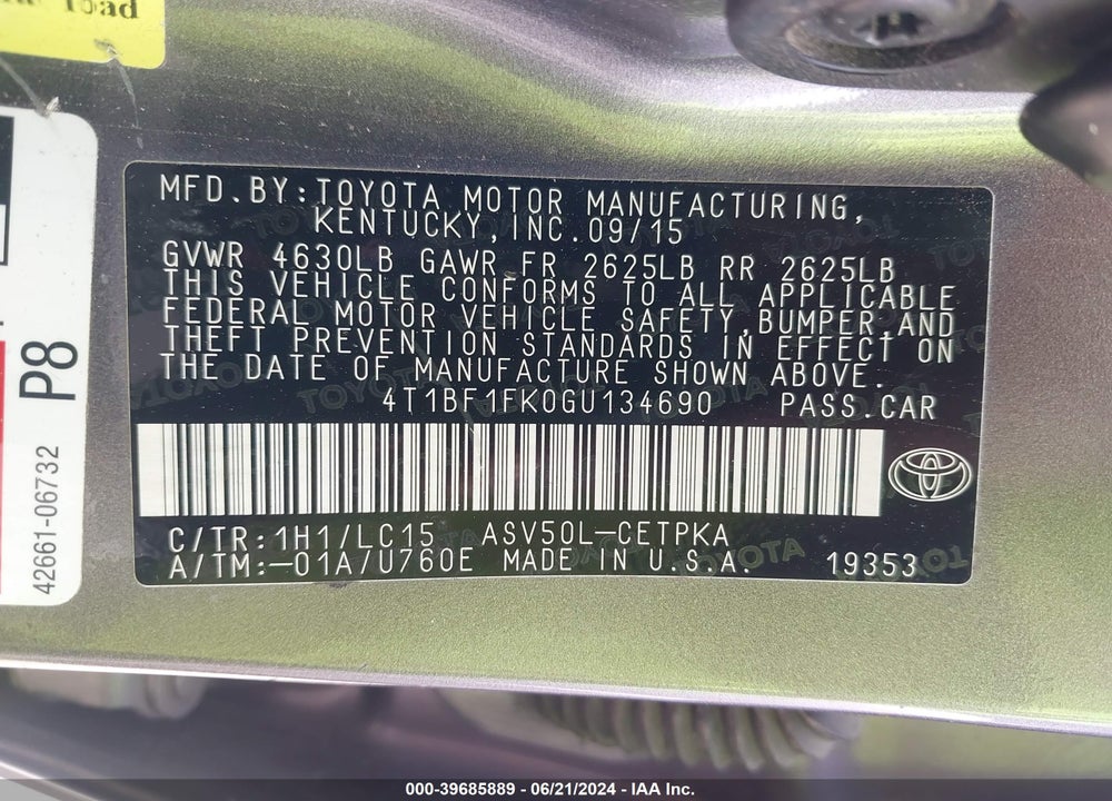 2016 TOYOTA CAMRY XSE VIN: 4T1BF1FK0GU134690