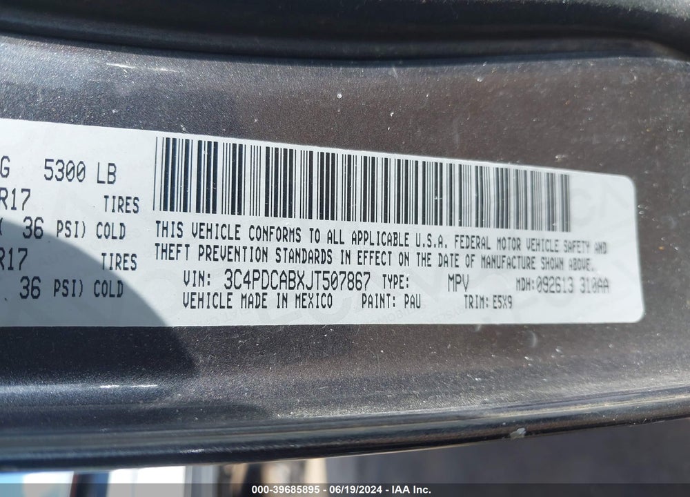 2018 DODGE JOURNEY SE VIN: 3C4PDCABXJT507867
