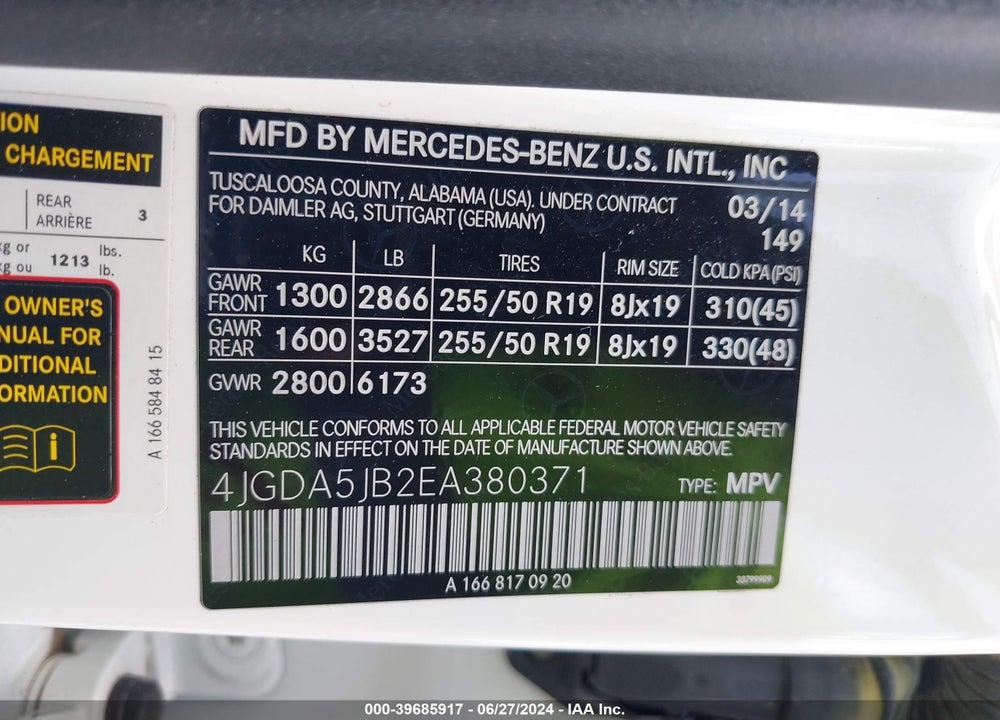 2014 MERCEDES-BENZ ML 350 VIN: 4JGDA5JB2EA380371