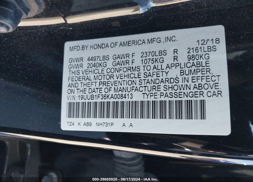 2019 ACURA TLX STANDARD VIN: 19UUB1F36KA008413
