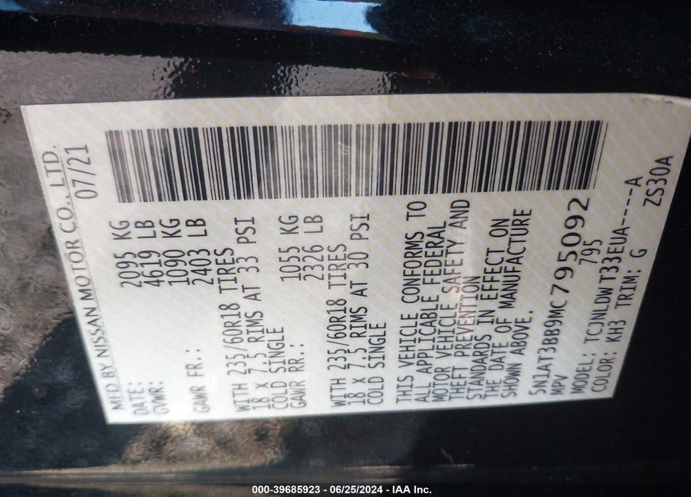 2021 NISSAN ROGUE SV INTELLIGENT AWD VIN: 5N1AT3BB9MC795092