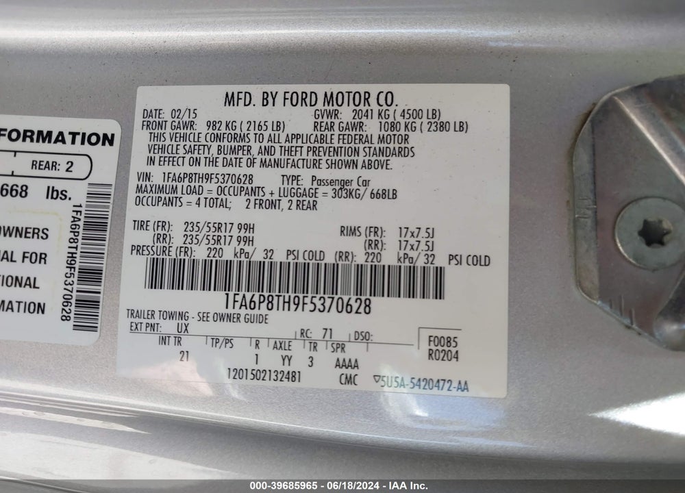 2015 FORD MUSTANG ECOBOOST VIN: 1FA6P8TH9F5370628