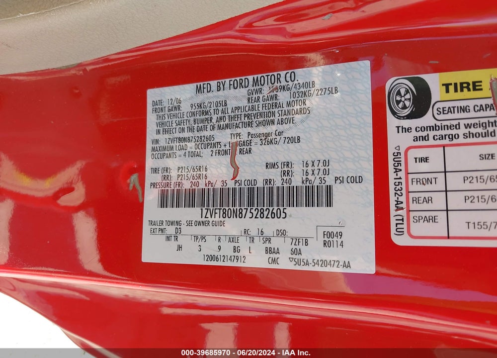 2007 FORD MUSTANG V6 DELUXE/V6 PREMIUM VIN: 1ZVFT80N875282605