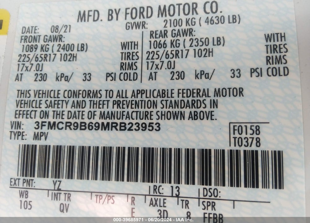 2021 FORD BRONCO SPORT BIG BEND VIN: 3FMCR9B69MRB23953