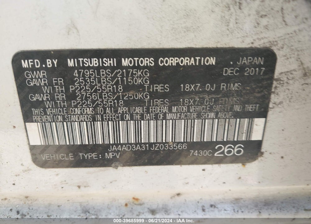 2018 MITSUBISHI OUTLANDER SE VIN: JA4AD3A31JZ033566