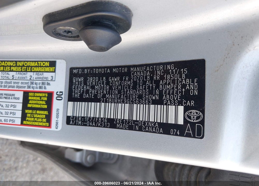 2016 TOYOTA COROLLA LE VIN: 2T1BURHE9GC563663