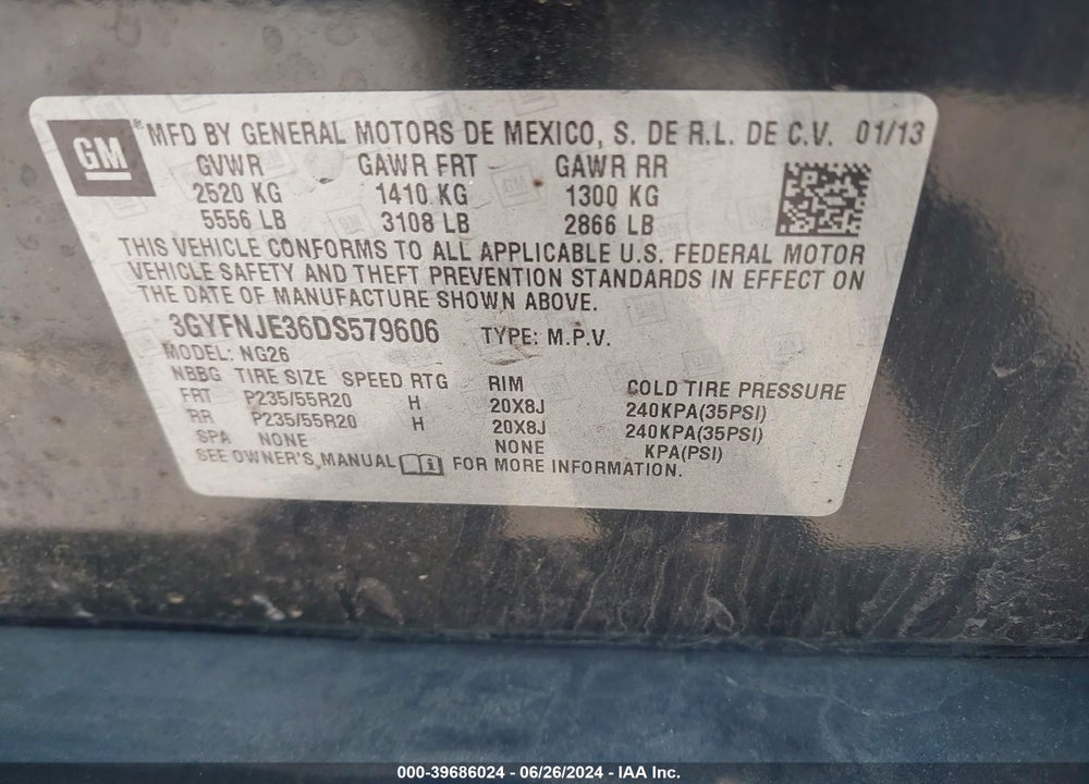 2013 CADILLAC SRX PREMIUM COLLECTION VIN: 3GYFNJE36DS579606