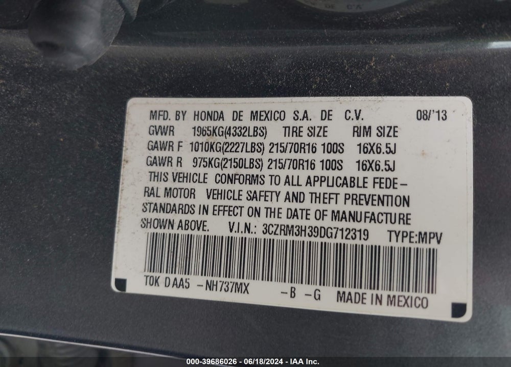 2013 HONDA CR-V LX VIN: 3CZRM3H39DG712319