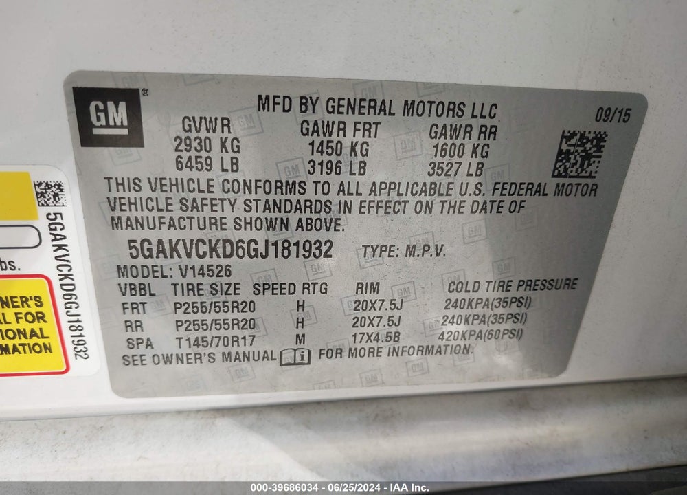 2016 BUICK ENCLAVE PREMIUM VIN: 5GAKVCKD6GJ181932