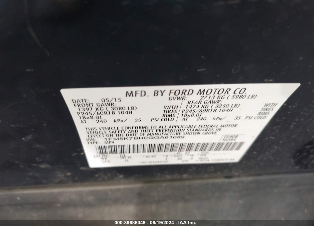 2016 FORD EXPLORER VIN: 1FM5K7BH0GGA01089