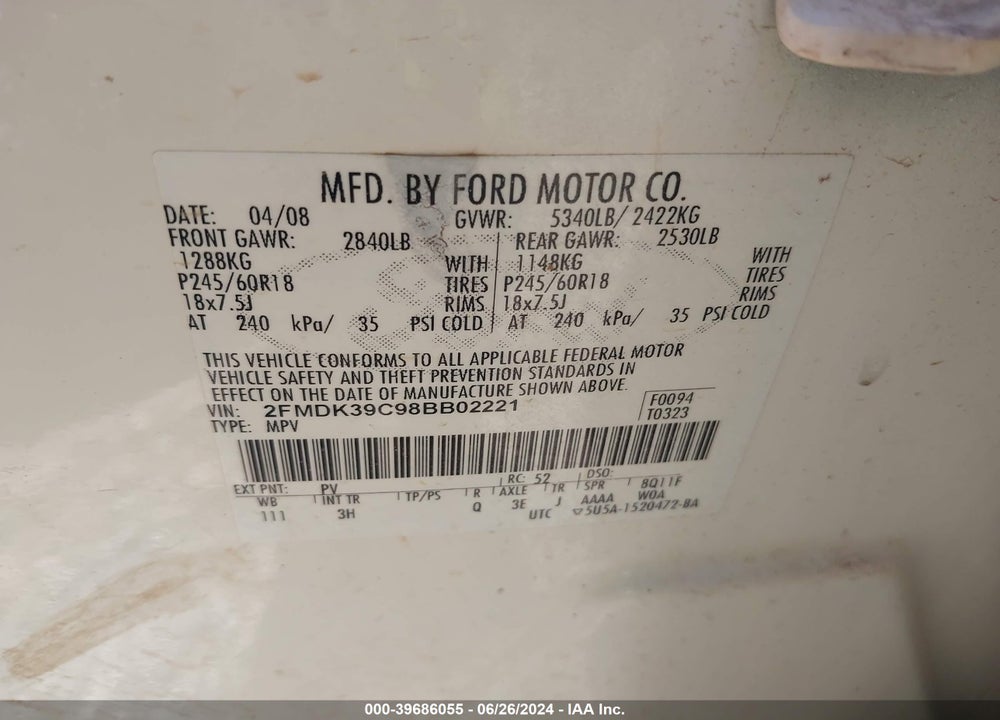 2008 FORD EDGE LIMITED VIN: 2FMDK39C98BB02221