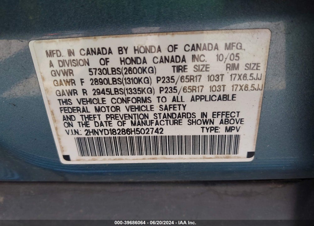 2006 ACURA MDX VIN: 2HNYD18286H502742