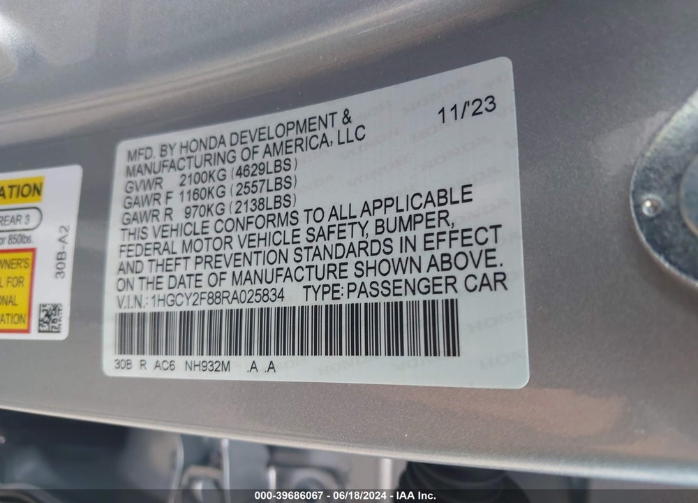 2024 HONDA ACCORD HYBRID TOURING VIN: 1HGCY2F88RA025834