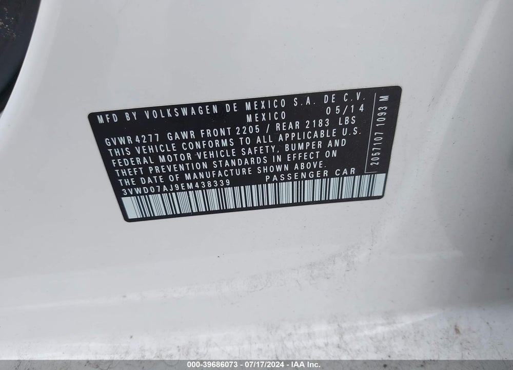 2014 VOLKSWAGEN JETTA 1.8T SE VIN: 3VWD07AJ9EM438339