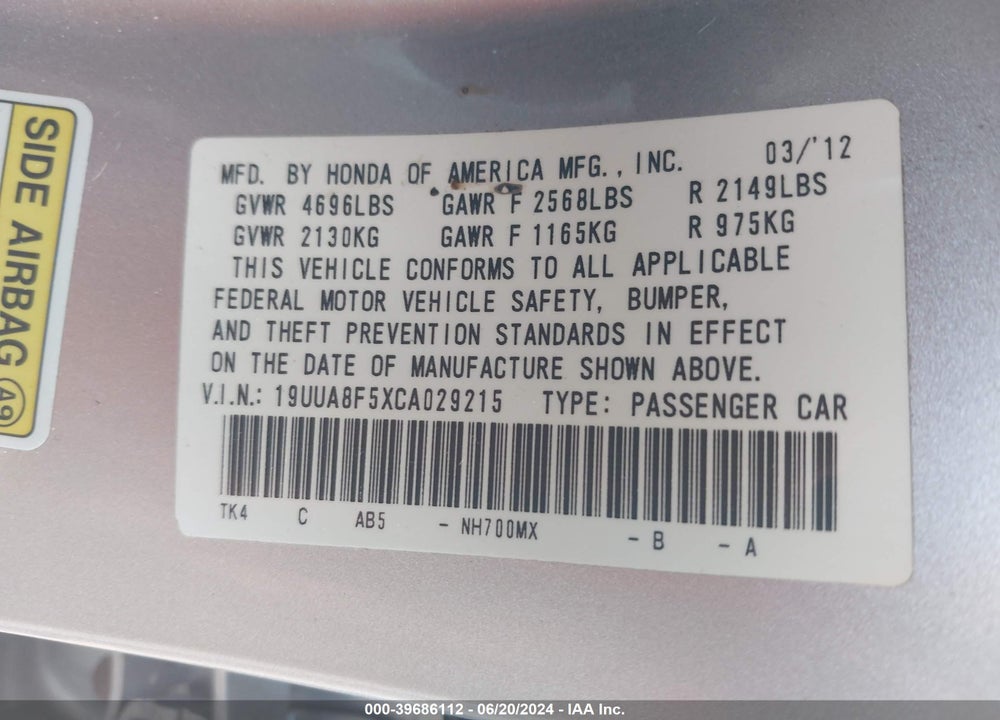 2012 ACURA TL 3.5 VIN: 19UUA8F5XCA029215