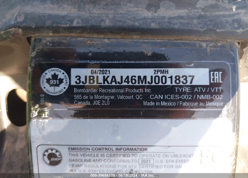 2021 CAN-AM OUTLANDER 650 XT VIN: 3JBLKAJ46MJ001837