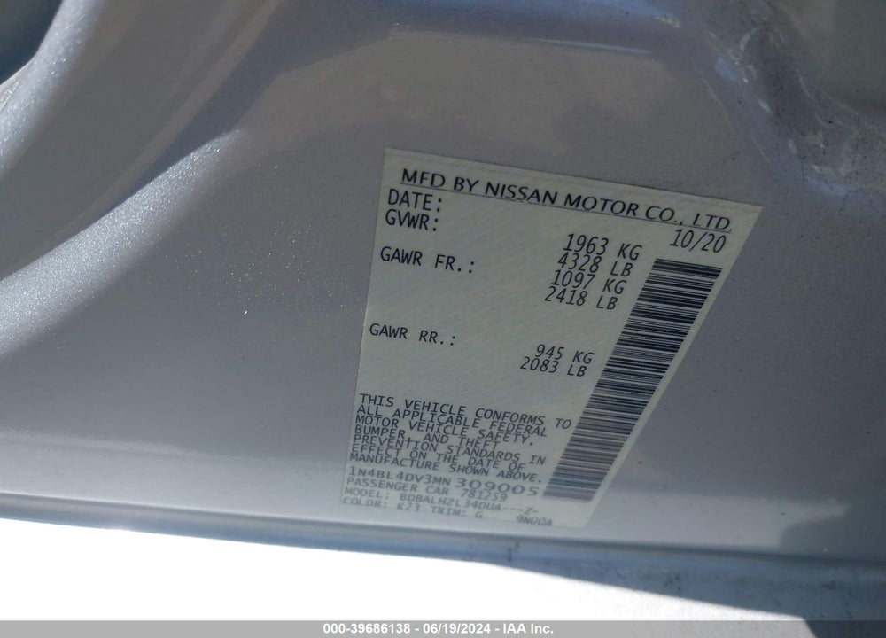 2021 NISSAN ALTIMA VIN: 1N4BL4DV3MN309005