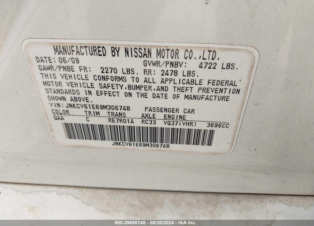 2009 INFINITI G37 JOURNEY VIN: JNKCV61E69M306748