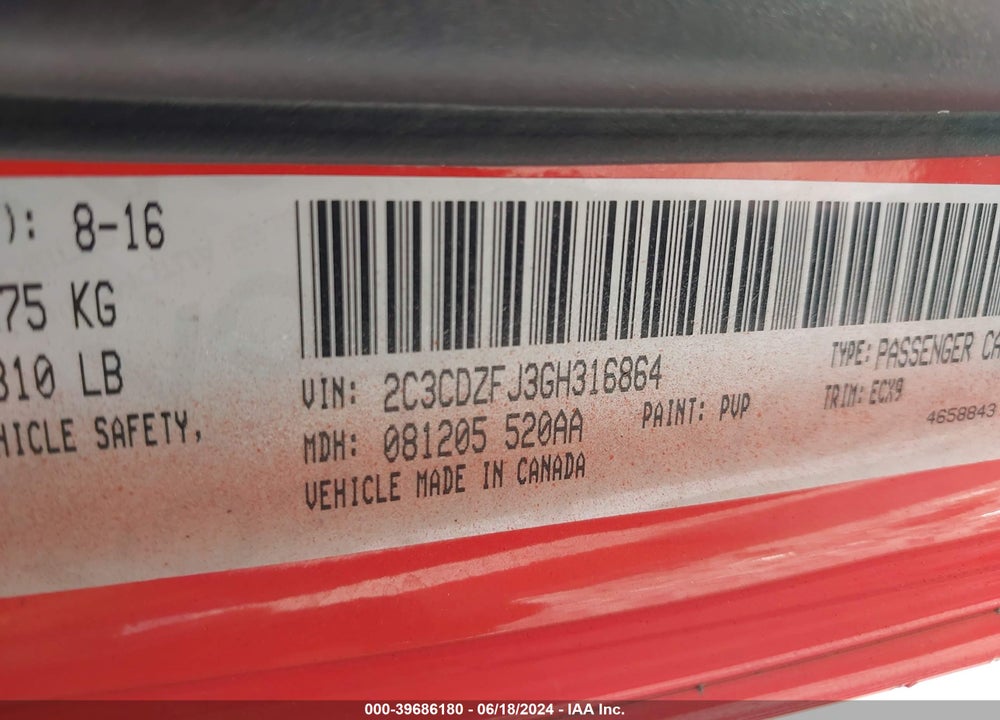 2016 DODGE CHALLENGER 392 HEMI SCAT PACK SHAKER VIN: 2C3CDZFJ3GH316864