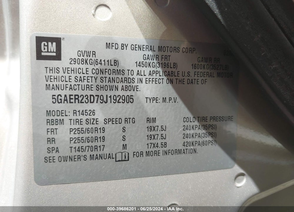 2009 BUICK ENCLAVE CXL VIN: 5GAER23D79J192905