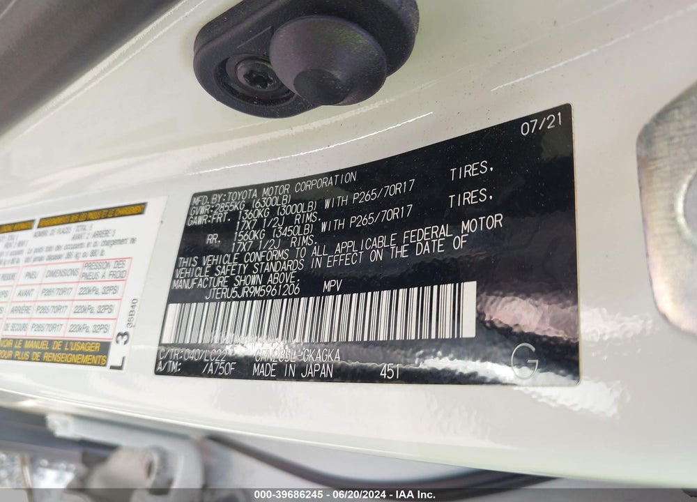 2021 TOYOTA 4RUNNER TRD OFF ROAD PREMIUM VIN: JTERU5JR9M5961206